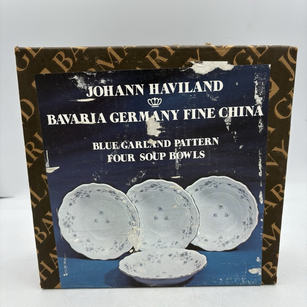 Johann Haviland Soup Bowls Blue Garland 7.5" Bavaria Germany Set of 4 Open Box